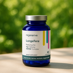 Blue supplement bottle labeled 'Longe Fera' on a blurred green background