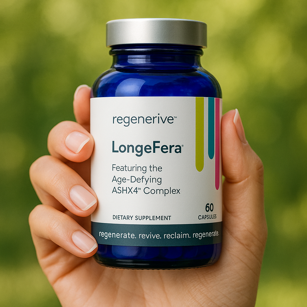 Hand holding a bottle of regenerive LongeFera dietary supplement with a blurred green background