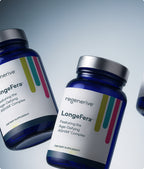 Two bottles of regenerive LongeFera dietary supplements on a gradient gray background