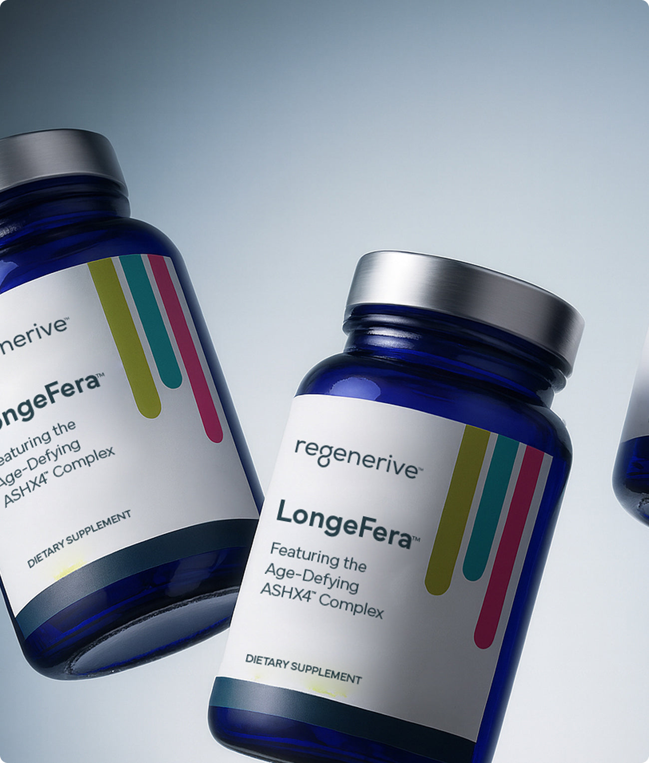 Two bottles of regenerive LongeFera dietary supplements on a gradient gray background