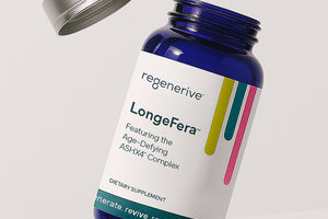 Blue supplement bottle labeled 'regenerative LongeFera' on a light gray background