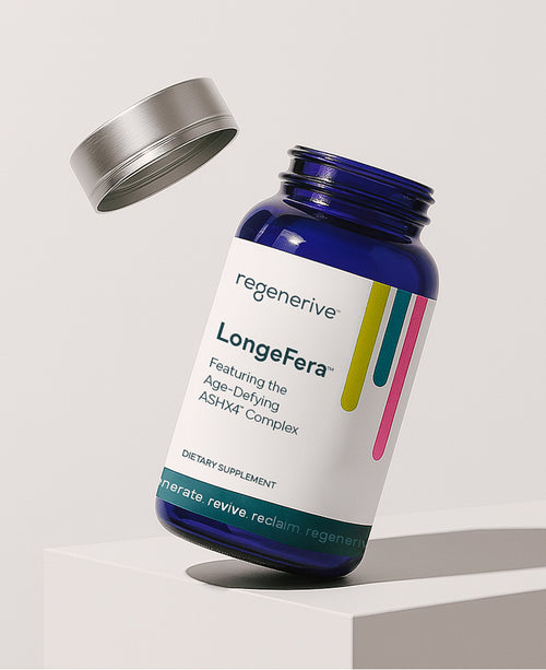 Blue supplement bottle labeled 'regenerative LongeFera' on a light gray background