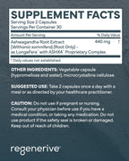 Supplement facts label for Ashwagandha Root Extract with Regenerative branding on a dark background.