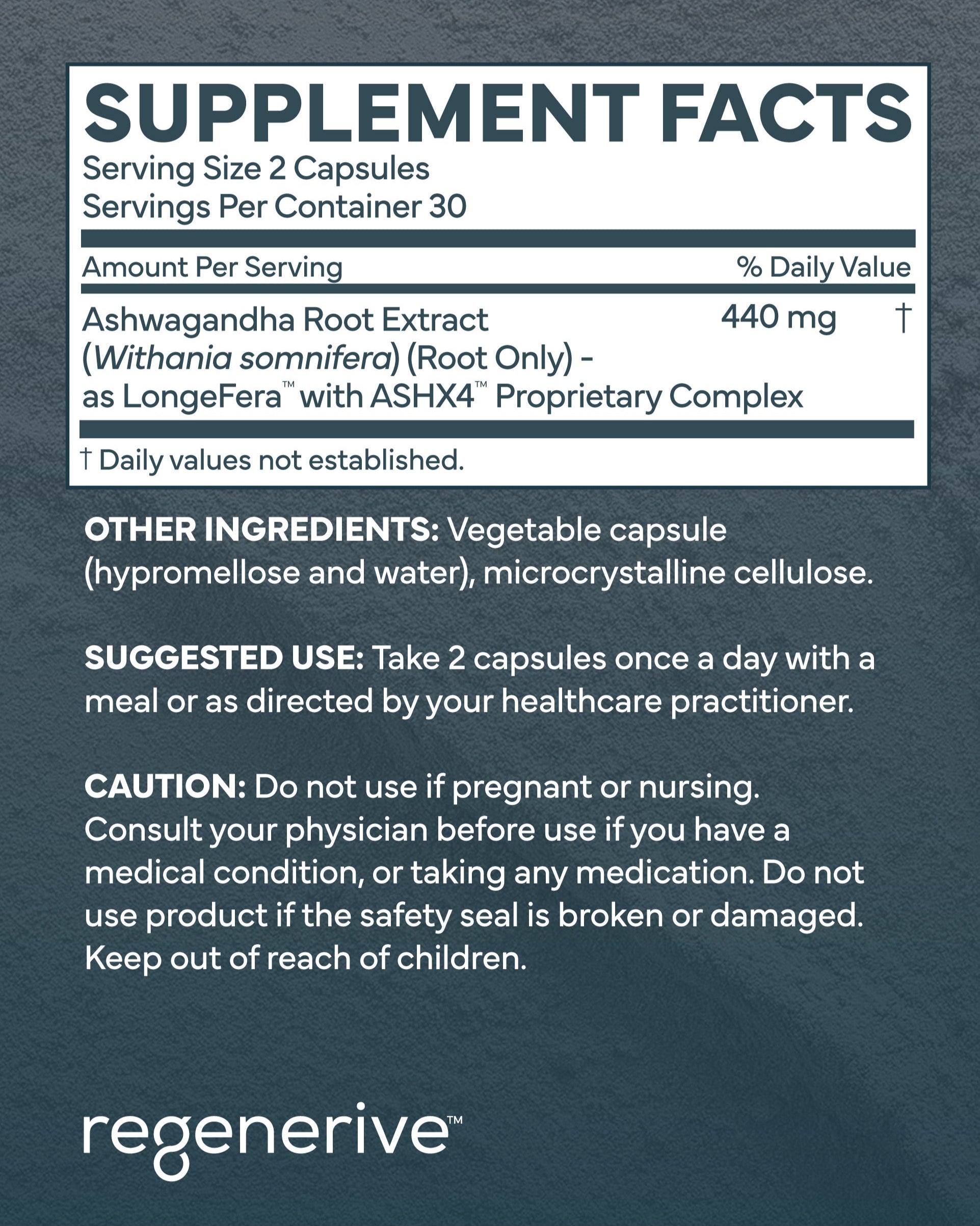 Supplement facts label for Ashwagandha Root Extract with Regenerative branding on a dark background.