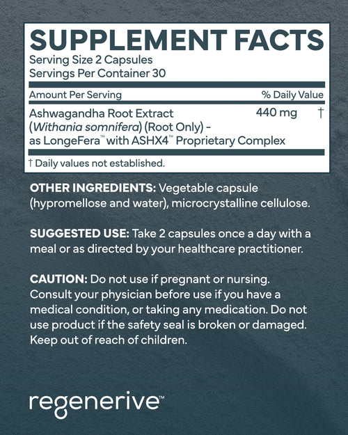 Supplement facts label for Ashwagandha Root Extract with Regenerative branding on a dark background.